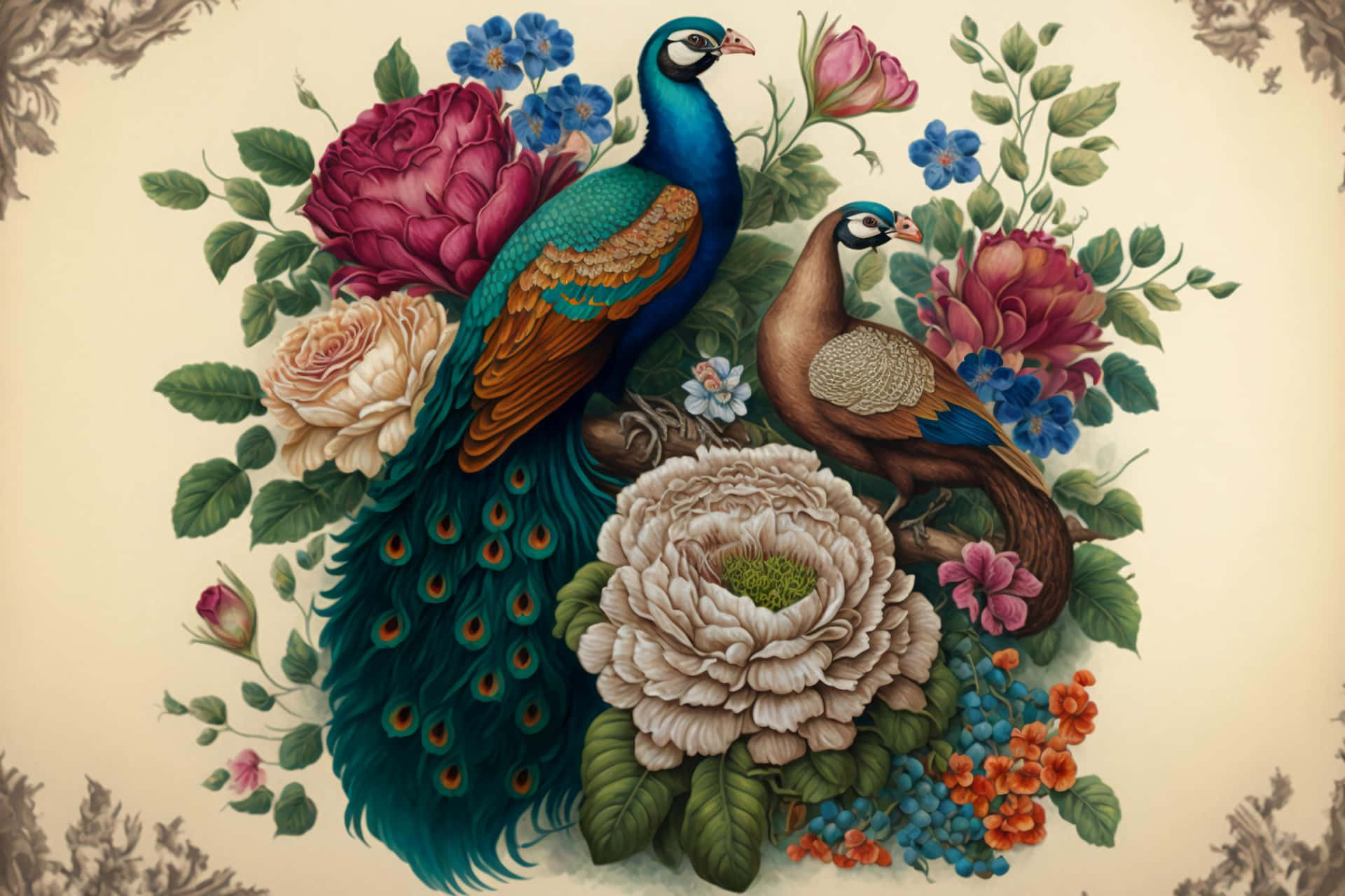 Elegant Peacocks Floral Arrangement Wallpaper