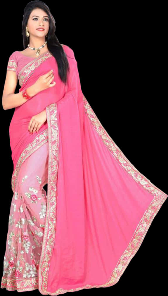 Elegant Pink Embroidered Saree PNG