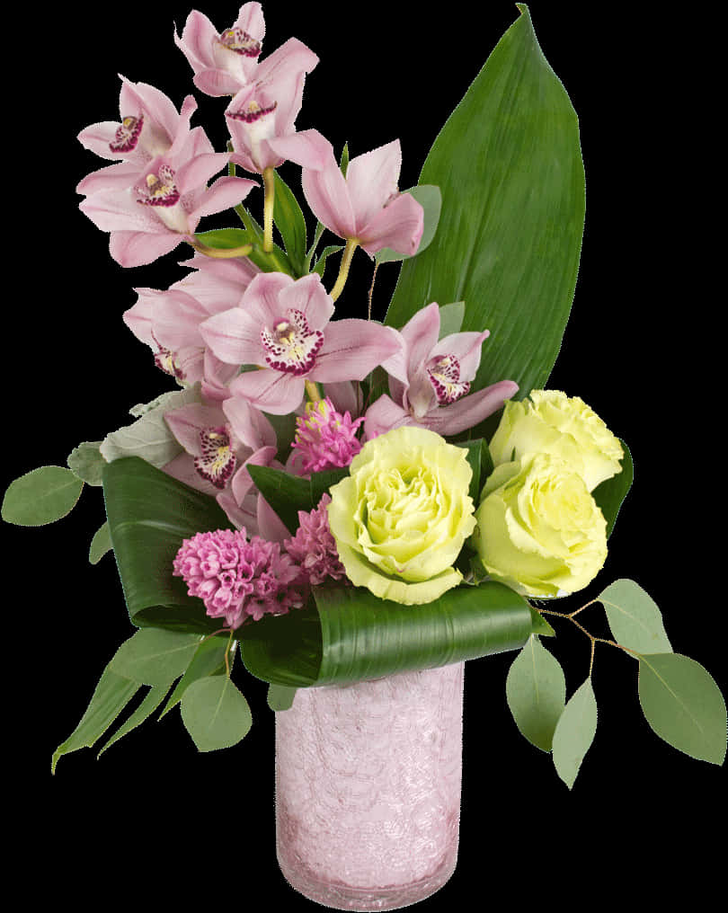 Elegant Pink Orchidsand Green Roses Bouquet PNG