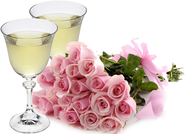 Elegant Pink Rosesand Champagne Flutes PNG