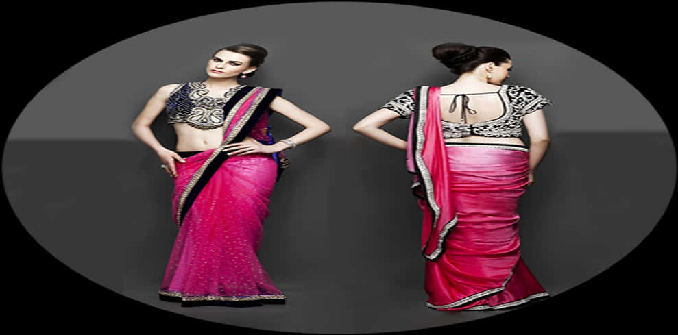Elegant Pink Saree Model Dual Pose PNG
