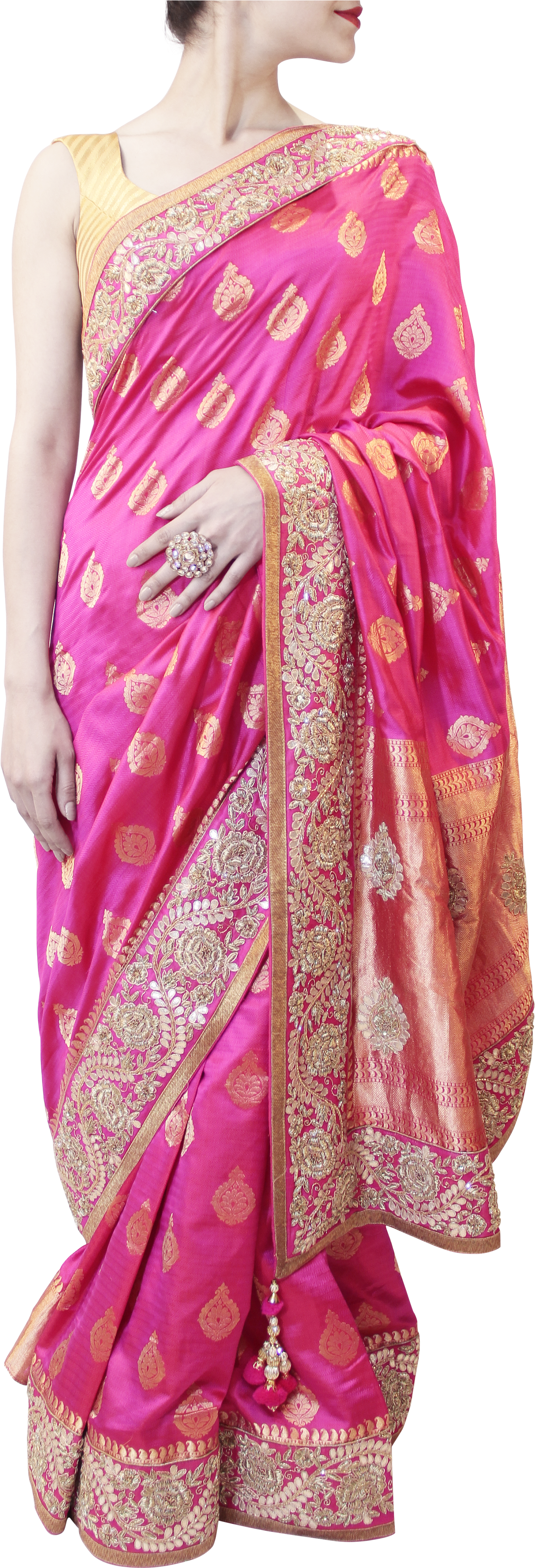 Elegant Pink Sareewith Golden Embroidery PNG