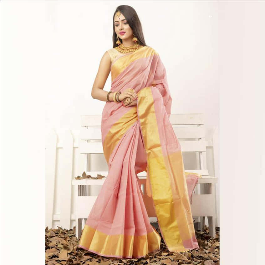 Elegant Pinkand Yellow Saree Model PNG