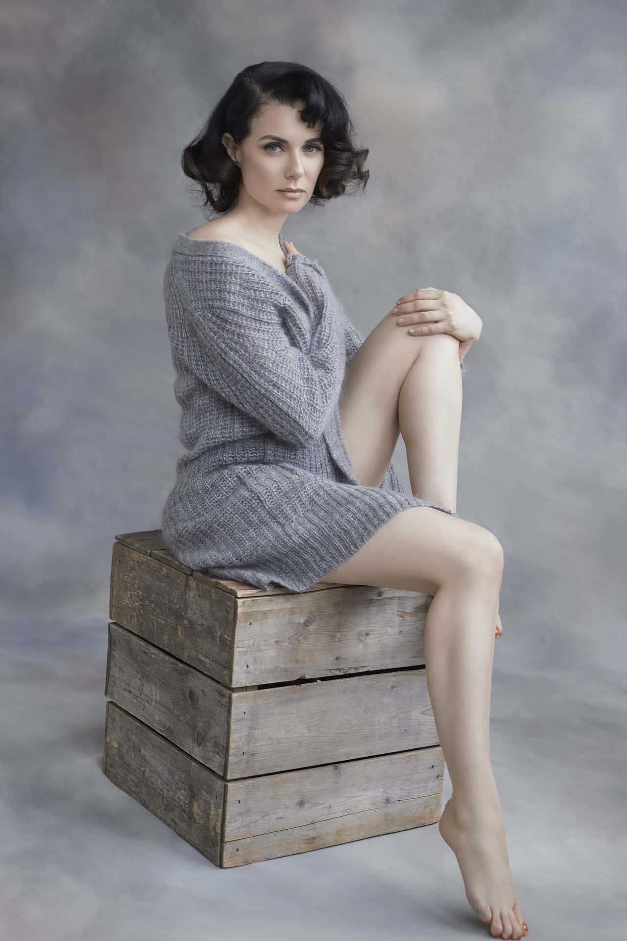 Elegant Portrait Woman Grey Knitwear Wallpaper