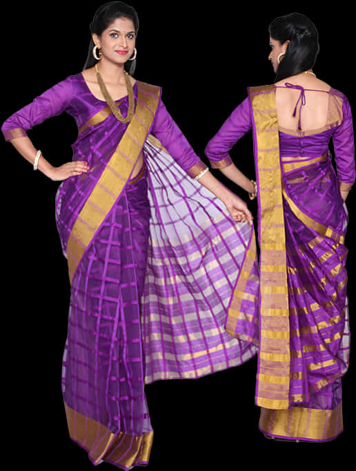 Elegant Purple Saree Model PNG