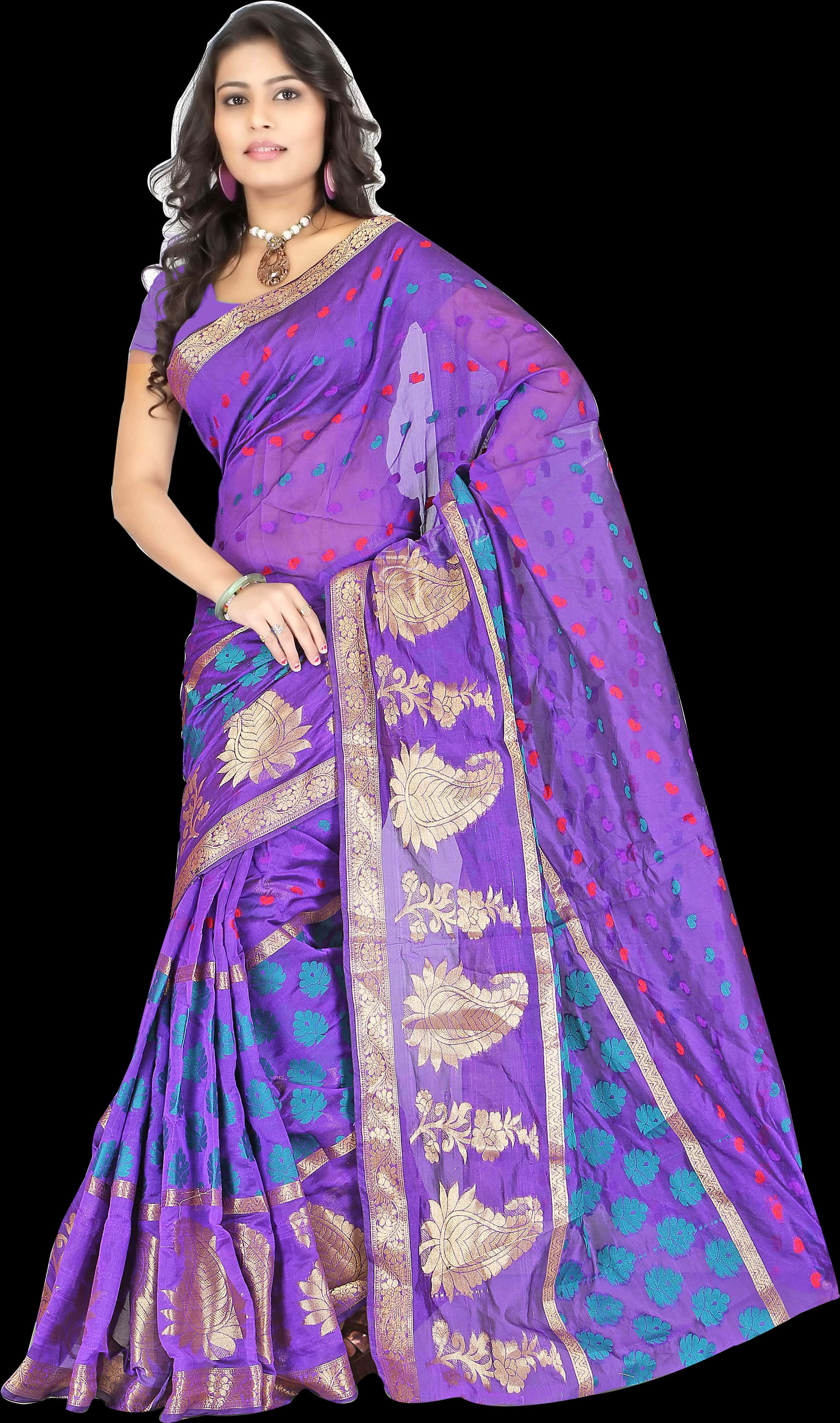 Elegant Purple Saree Model PNG