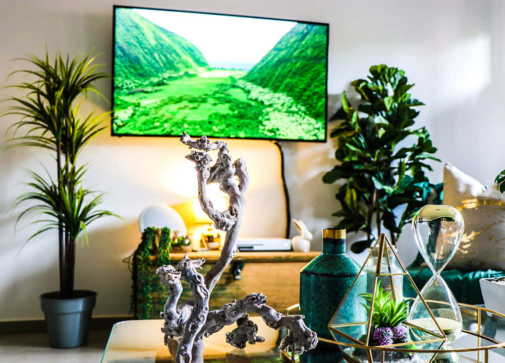 A Living Room With A Tv And A Plant