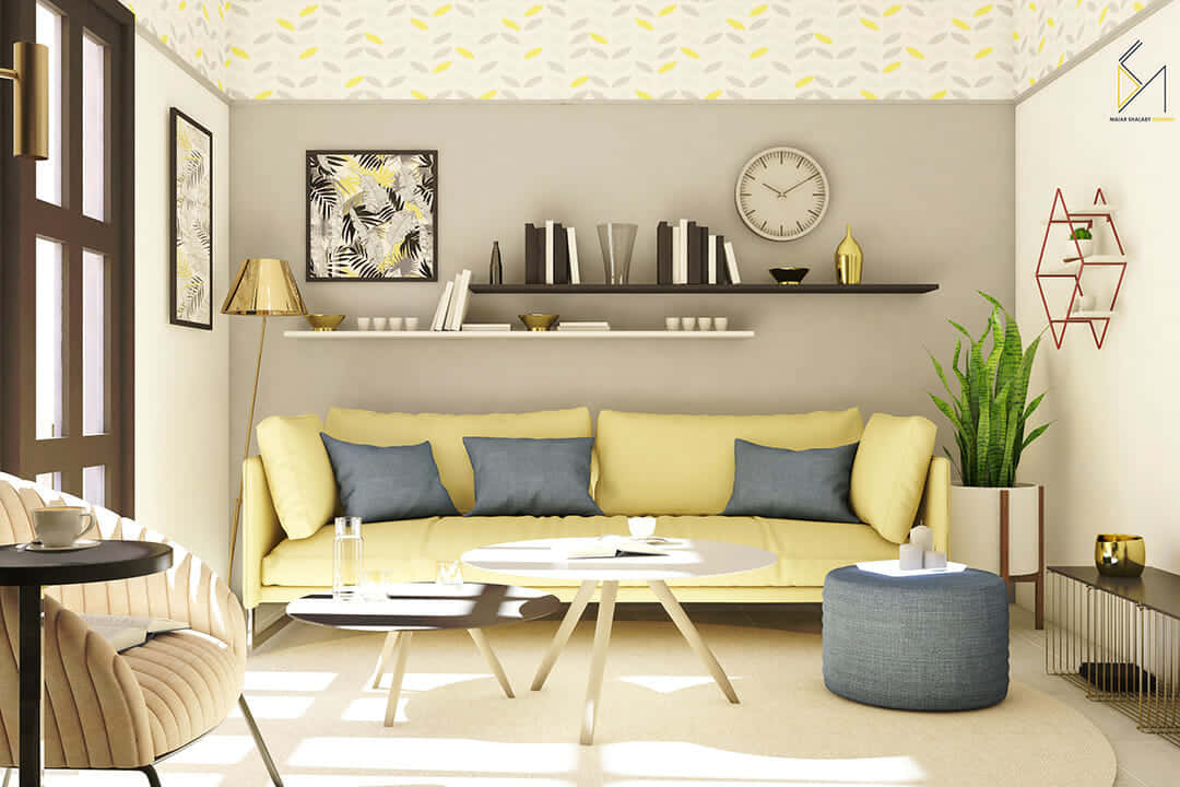 A Living Room With Yellow And White Furniture