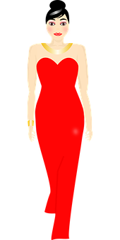 Elegant Red Dress Cartoon Woman PNG