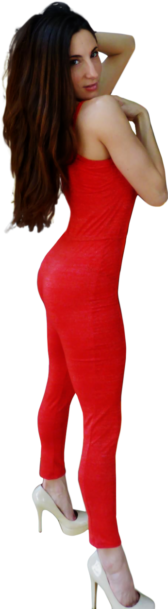 Elegant Red Dress Posing Woman PNG
