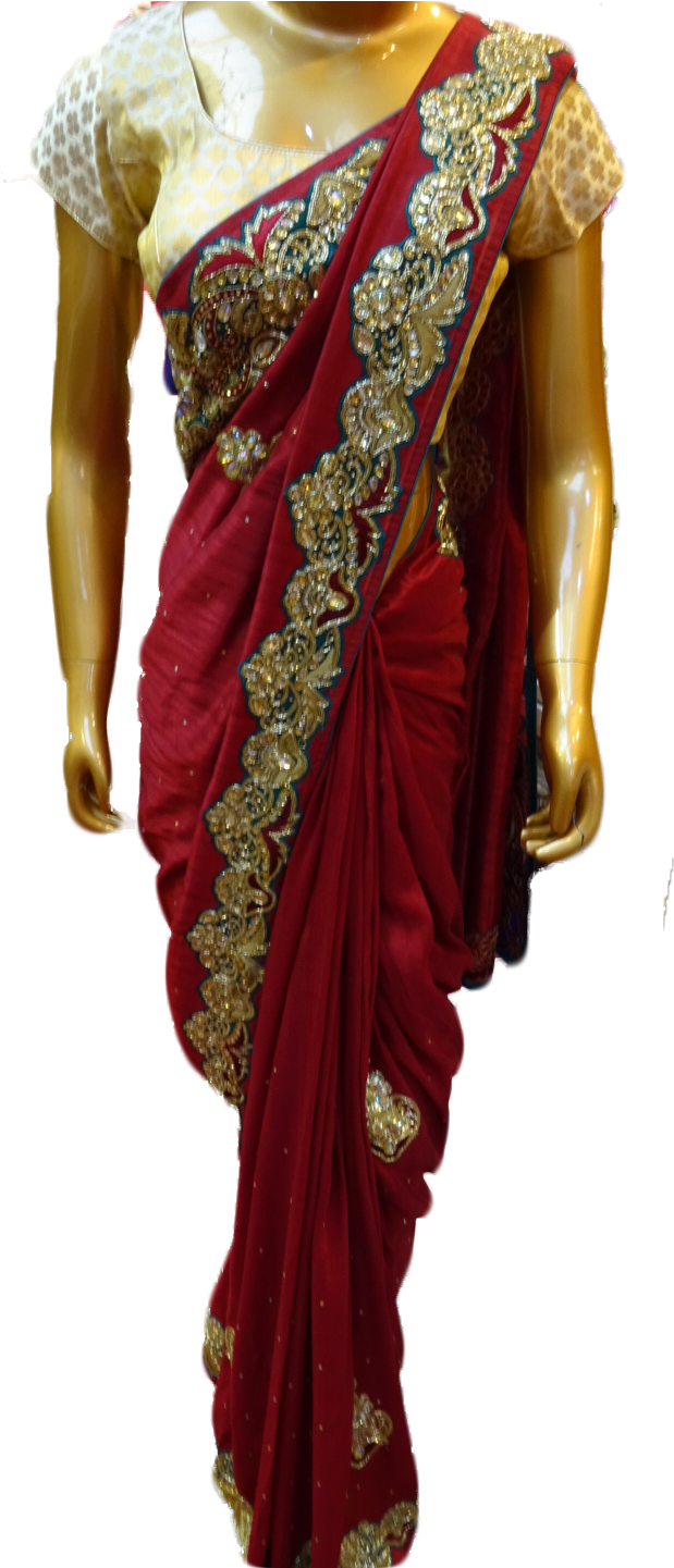 Elegant Red Gold Embroidered Saree PNG