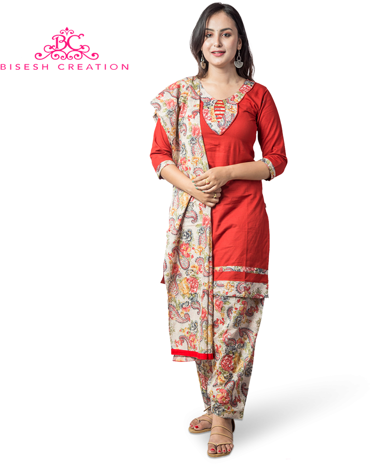 Elegant Red Kurti With Floral Dupatta PNG