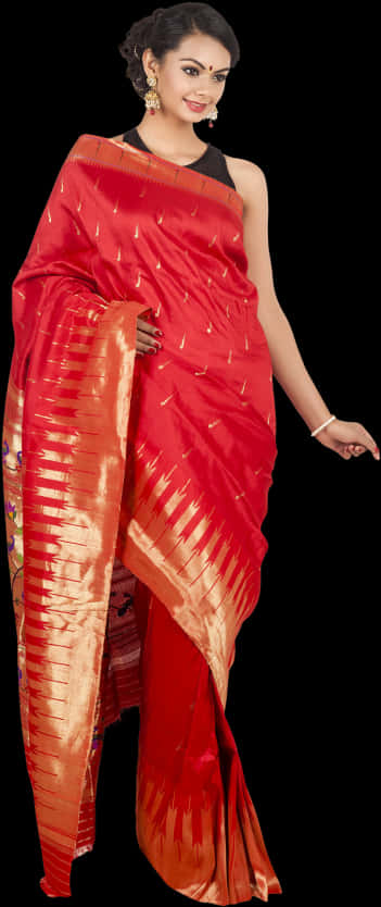 Elegant Red Saree Model PNG