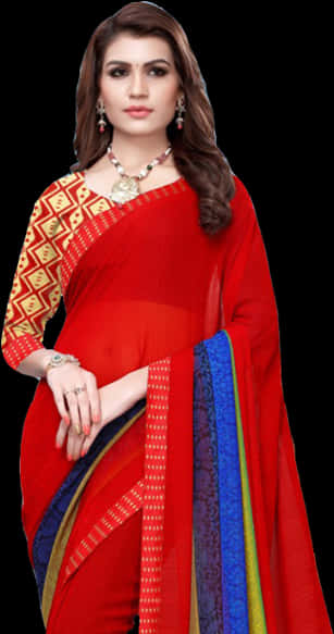 Elegant Red Saree Model PNG