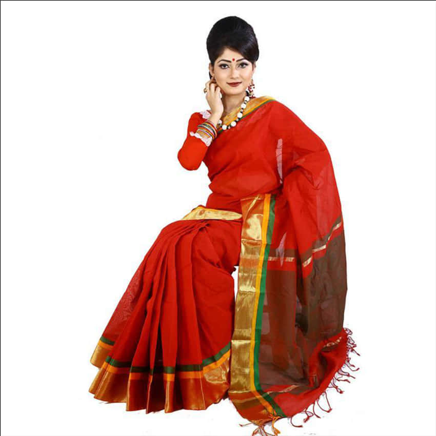 Elegant Red Saree Model PNG