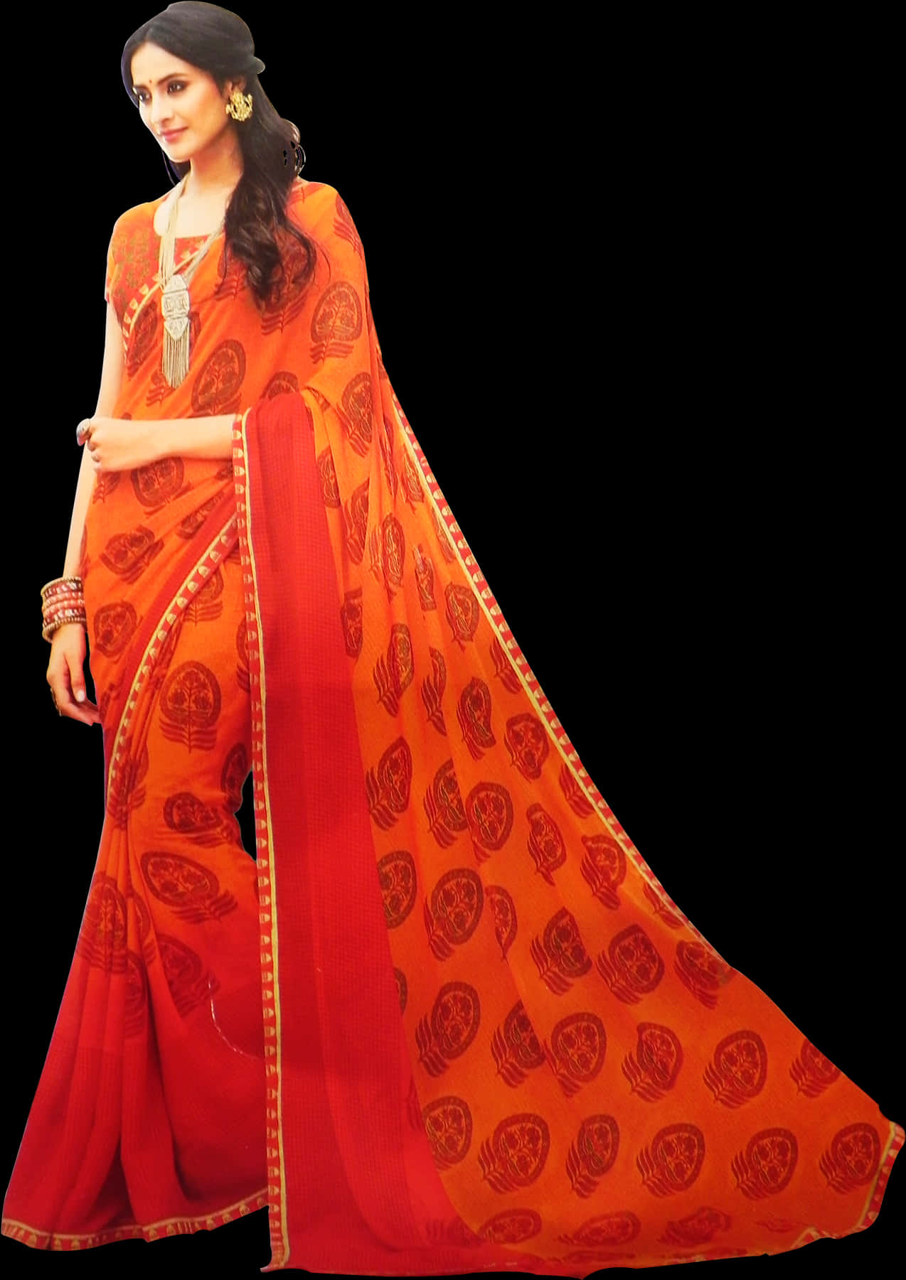 Elegant Red Saree Model Pose PNG