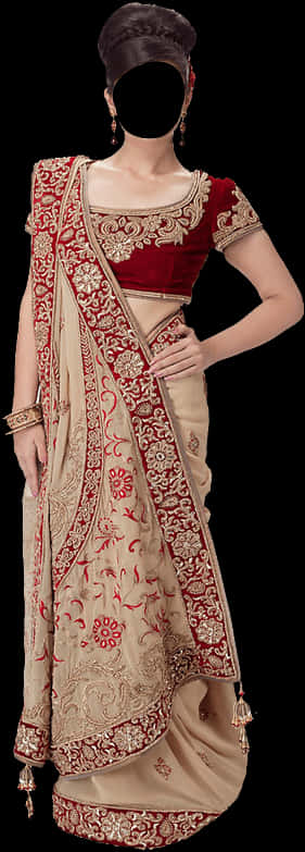 Elegant Redand Beige Embroidered Saree Model PNG