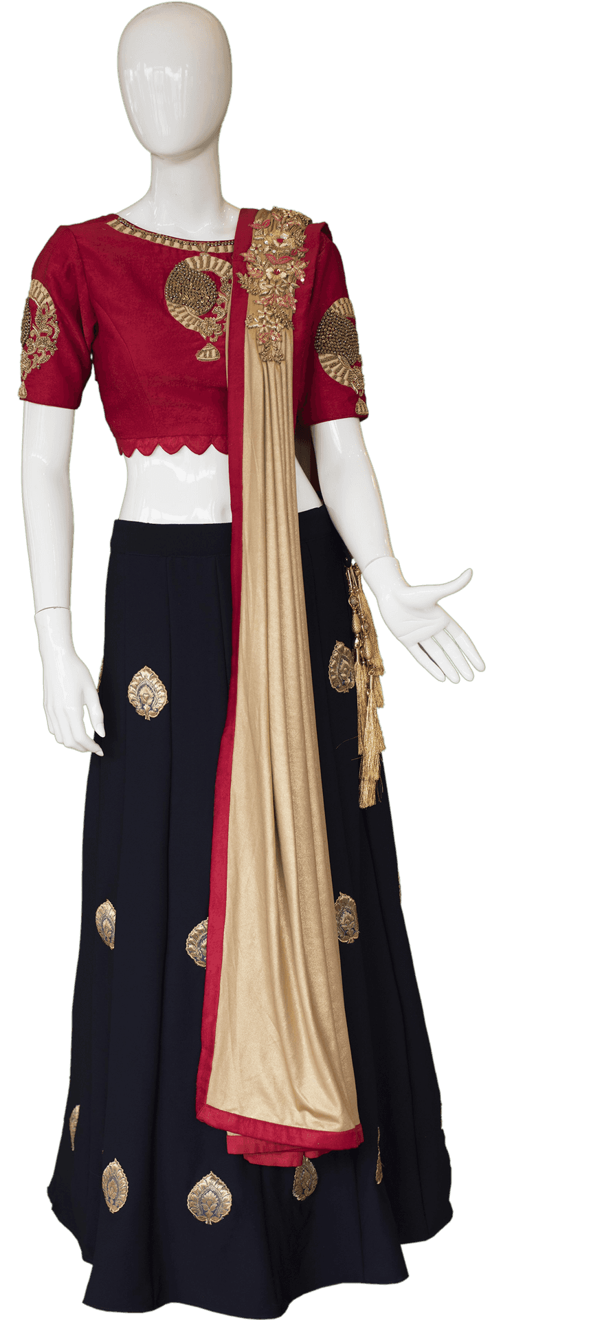 Download Elegant Redand Gold Lehenga Mannequin | Wallpapers.com