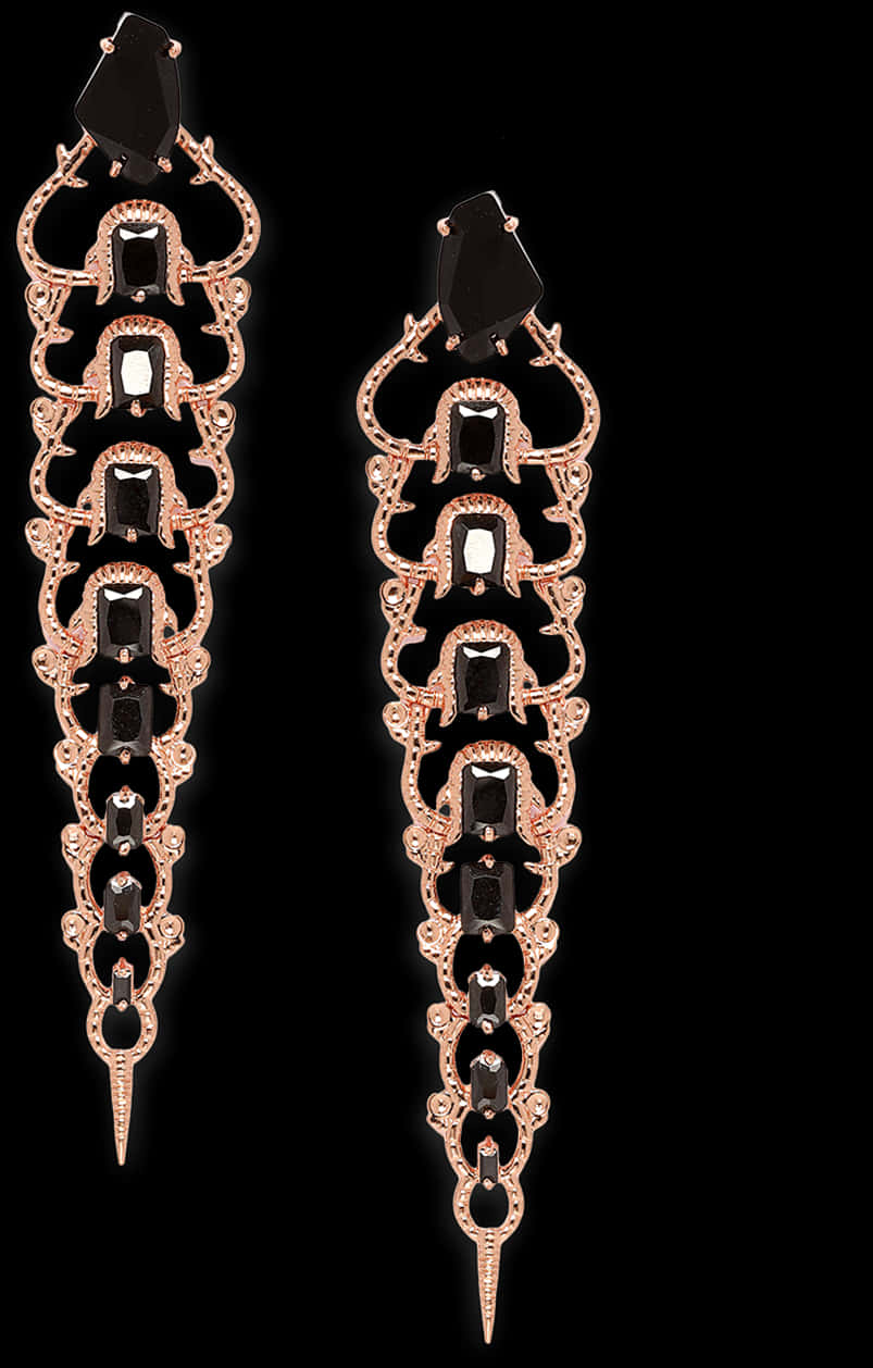 Elegant Rose Gold Earringswith Black Stones PNG