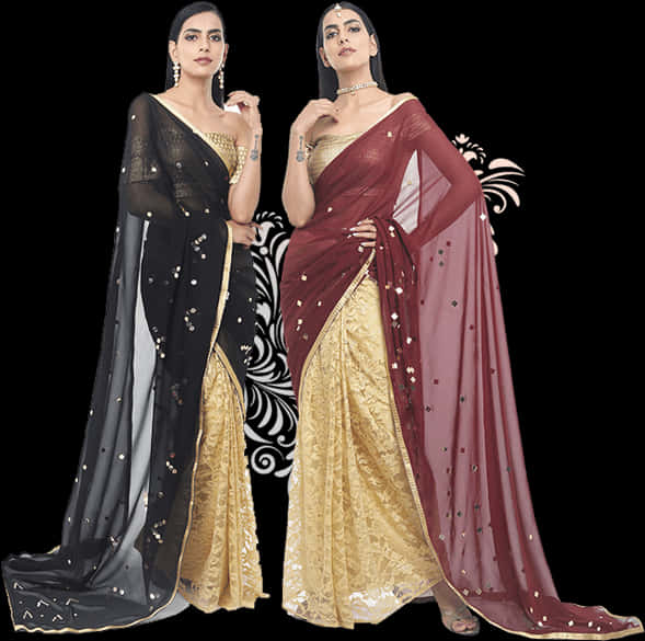 Elegant Saree Models Showcasing Traditional Attire PNG