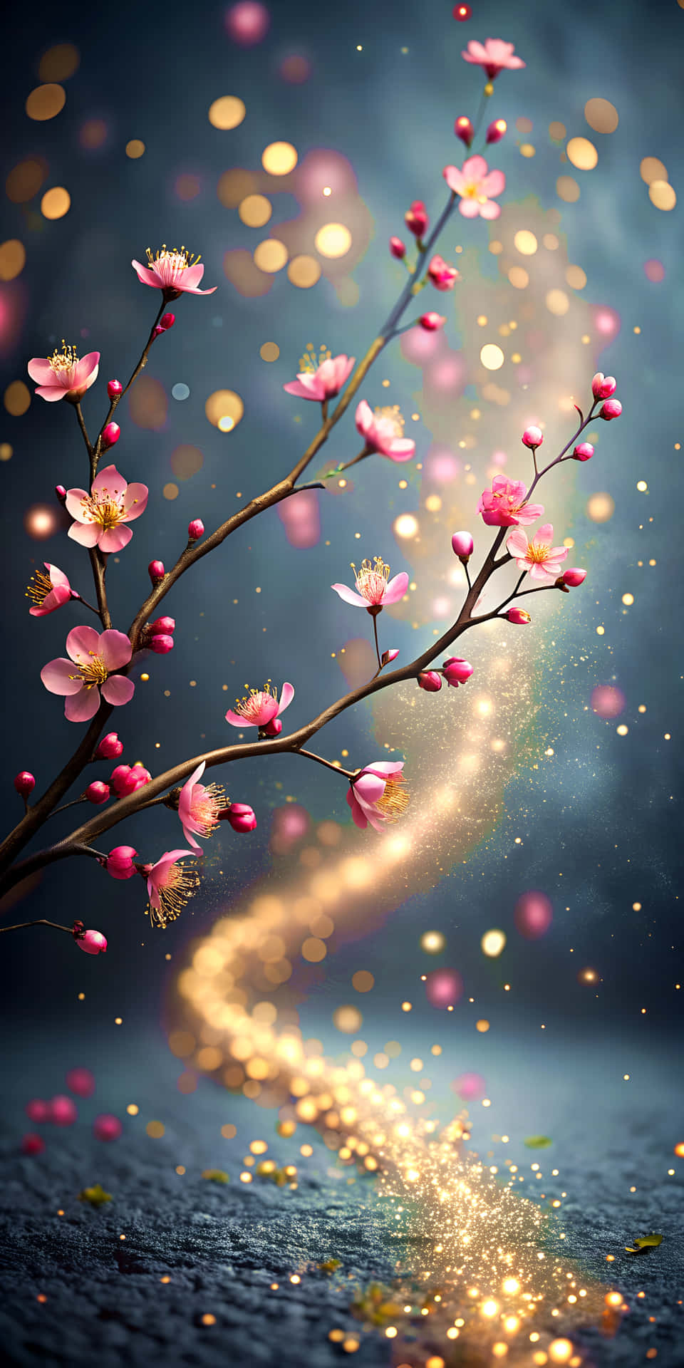 Elegant Shining Pink Branch Over Blurred Dark Gray Pathway Wallpaper