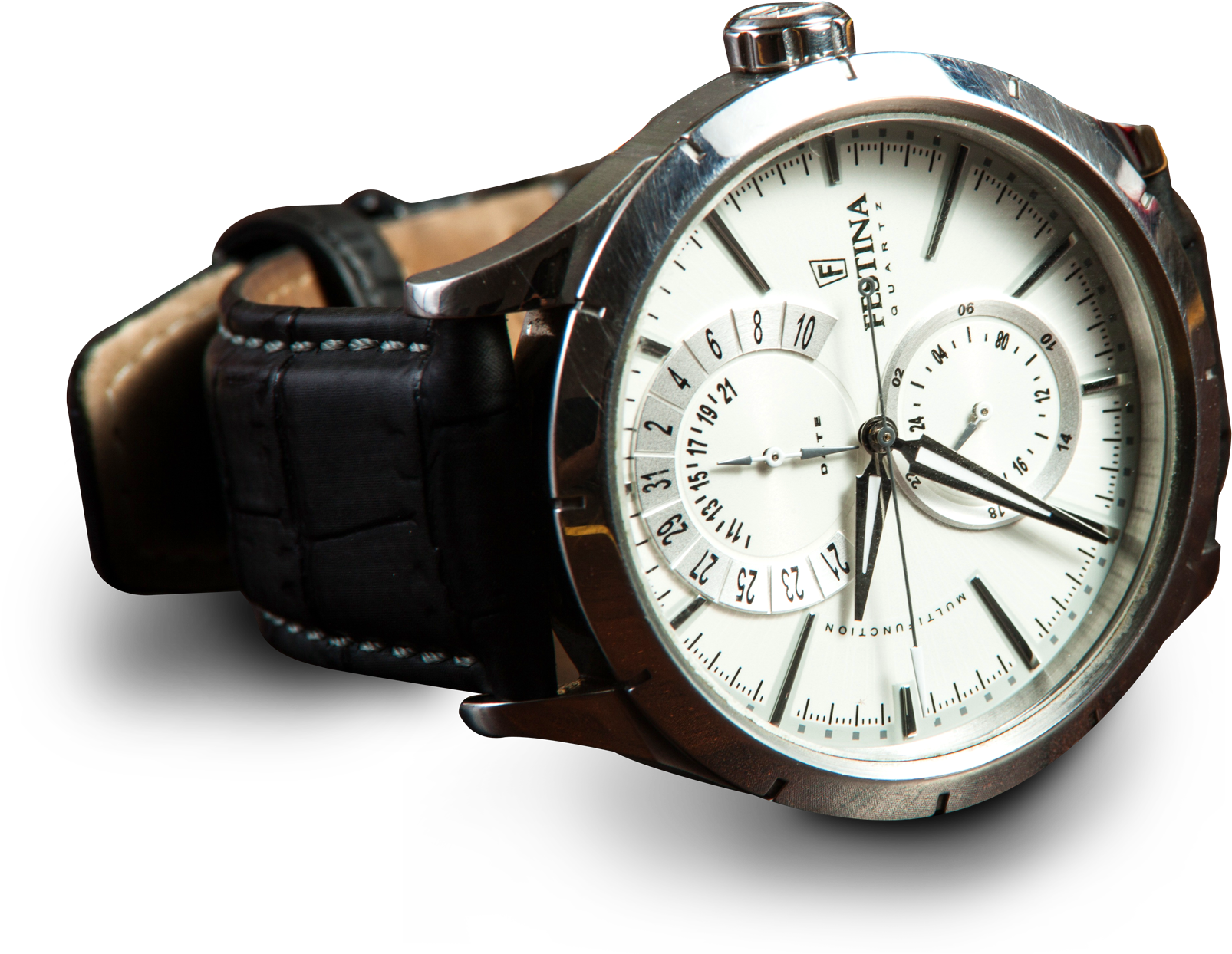 Elegant Silver Dial Leather Strap Watch PNG