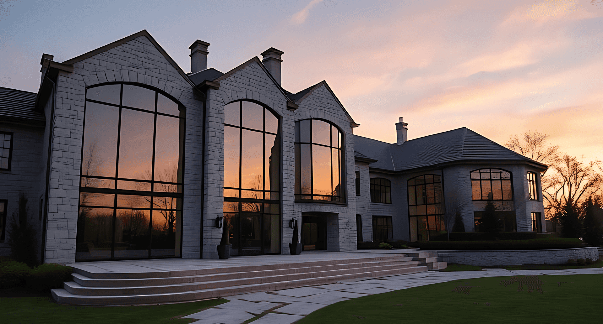 Elegant Stone Mansion With Large Arched Windows Reflecting A Vibrant Sunset. The Sky Is Colorful, Ad Wallpaper
