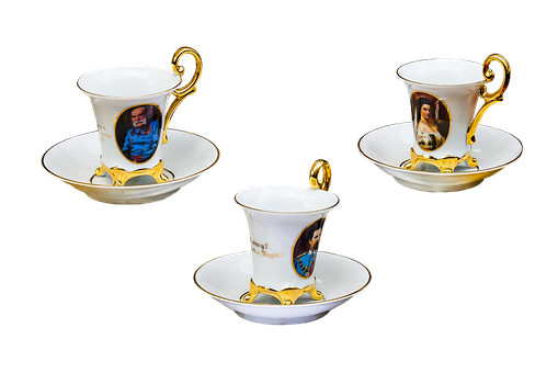 Elegant Teacupswith Portraits Gold Trim PNG