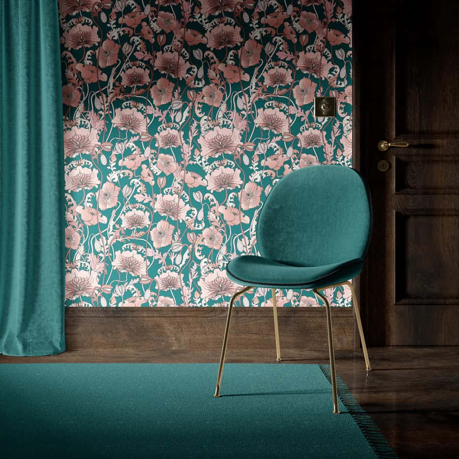 Elegante Teal Stoel Bloemen Wallpaper Achtergrond