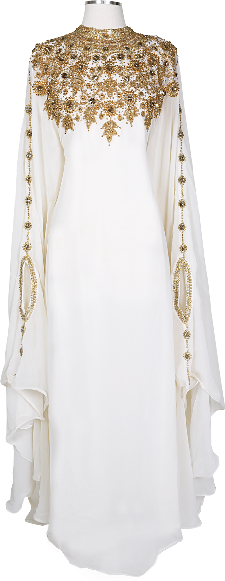 Elegant White Abayawith Gold Embroidery PNG