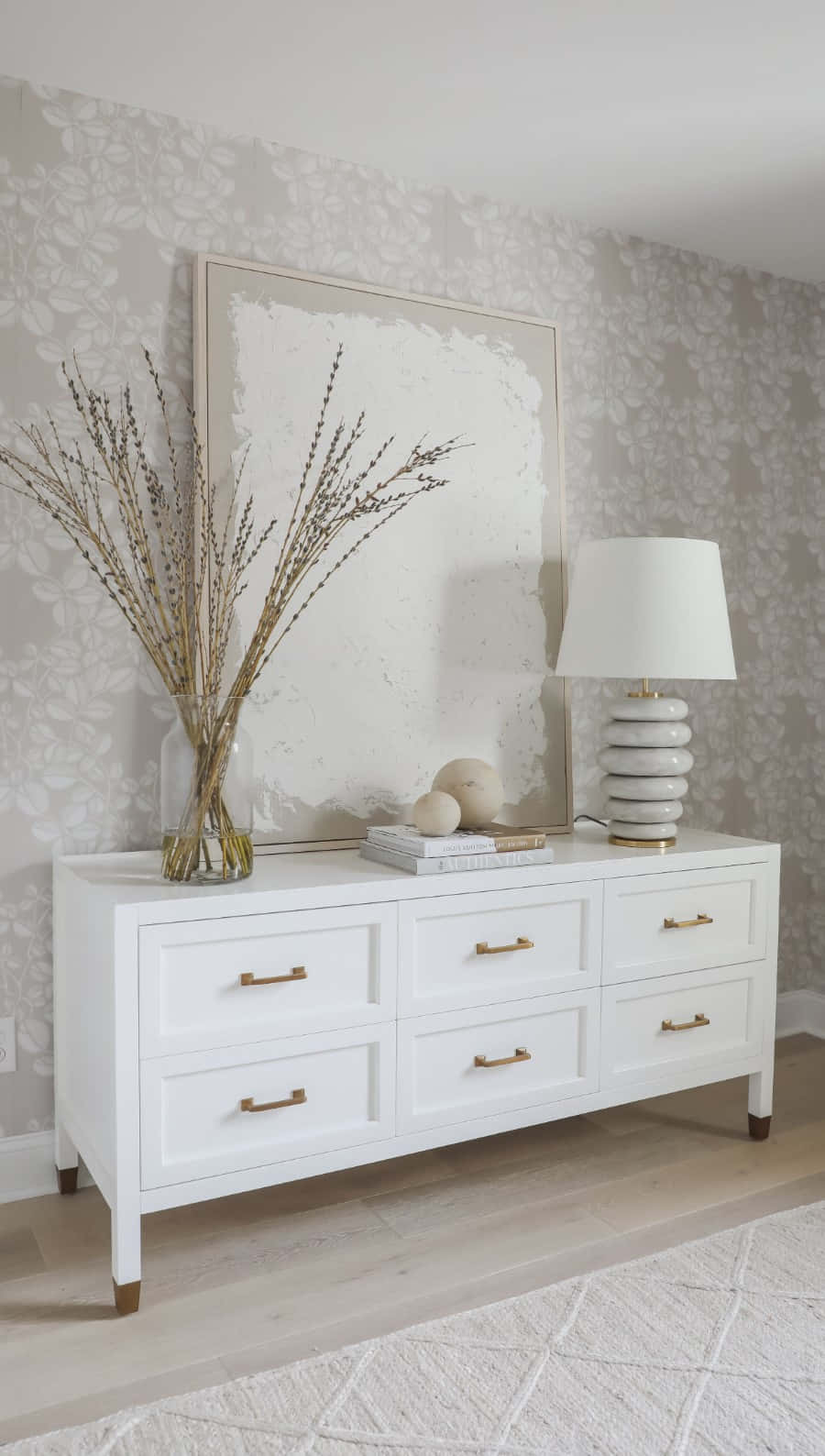 Elegant White Dresser Floral Wallpaper Decor Wallpaper
