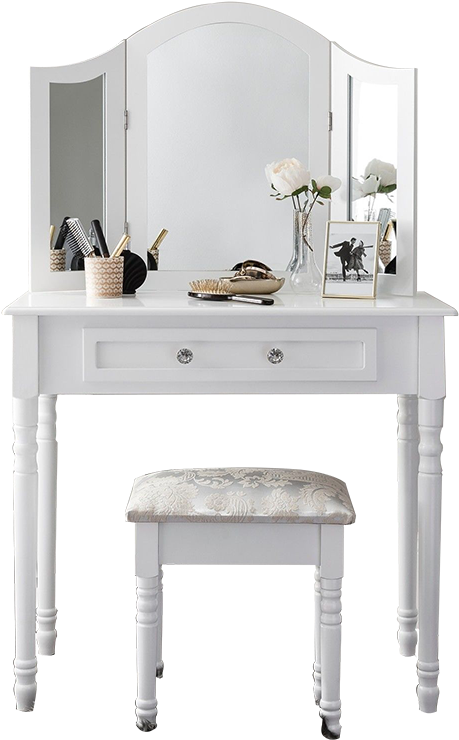 Elegant White Dressing Tablewith Stool PNG