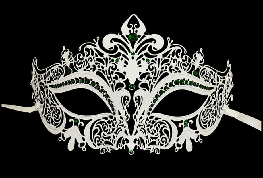 Elegant White Filigree Maskwith Green Gems.jpg PNG