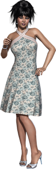 Elegant Woman Floral Dress3 D Render PNG