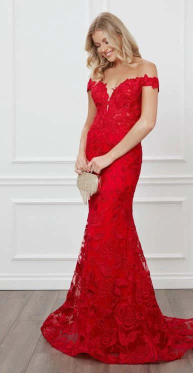 Elegant Woman In Red Lace Dress Wallpaper