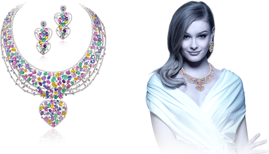 Elegant Woman Modeling Multicolored Jewelry Set PNG