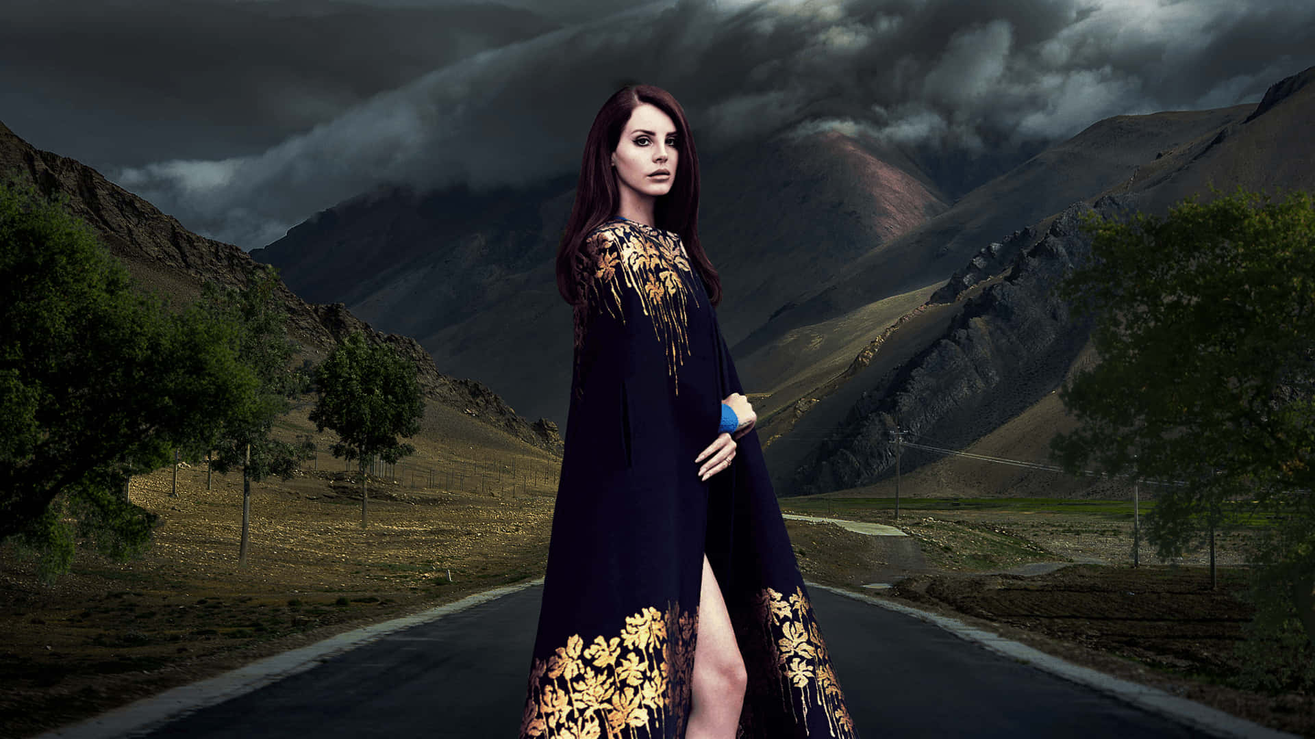 Elegant_ Woman_ Mountain_ Road_ Backdrop Wallpaper