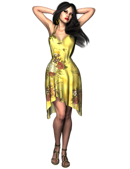 Elegant Woman Yellow Floral Dress PNG