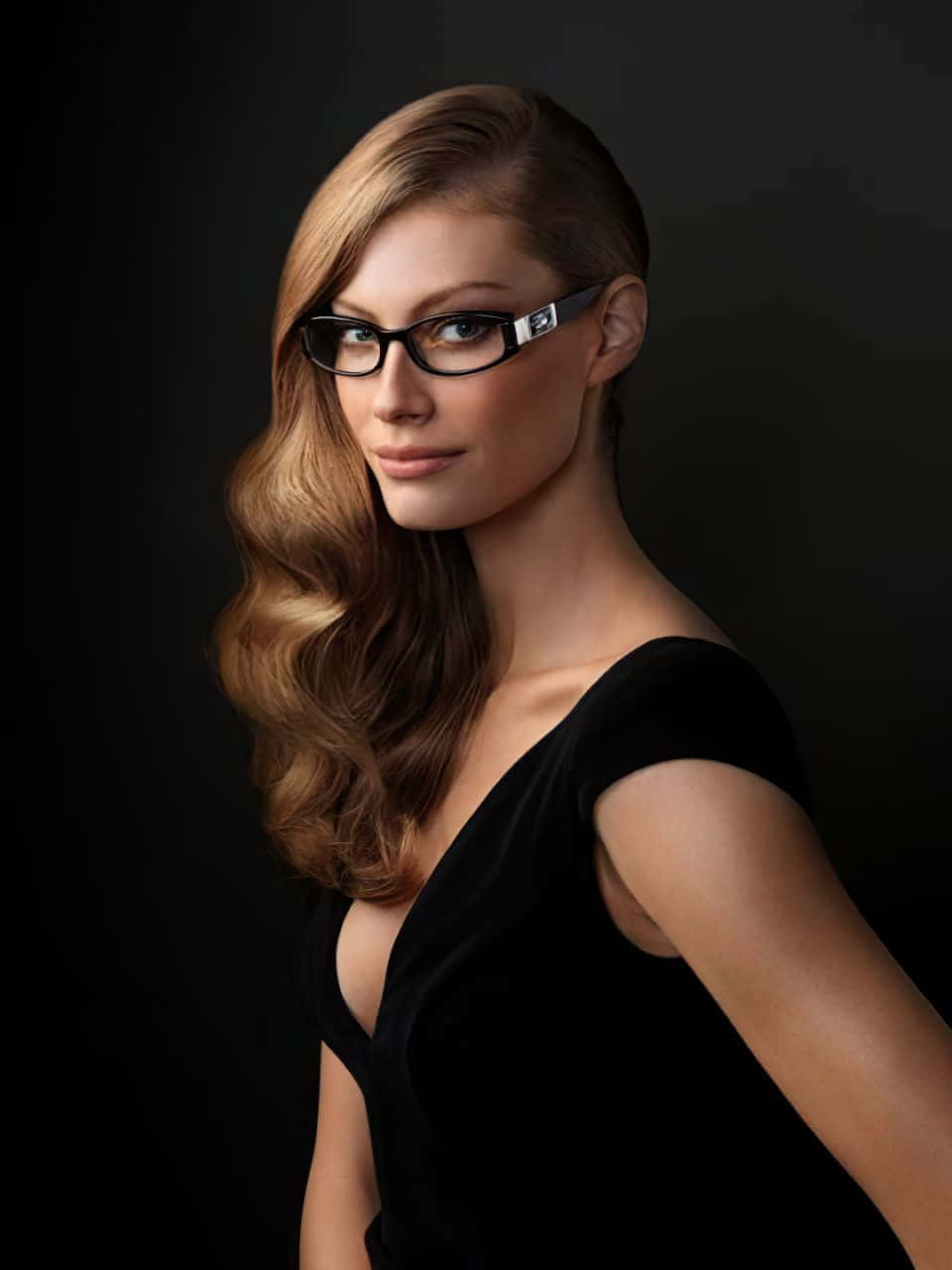 Elegant Womanin Black Dressand Glasses Wallpaper