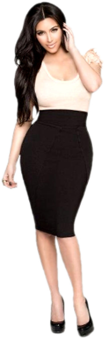 Elegant Womanin Black Skirtand Beige Top PNG
