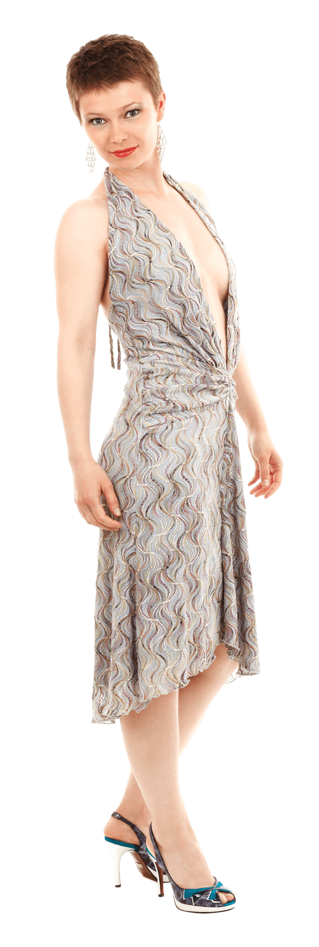 Elegant Womanin Patterned Dress PNG