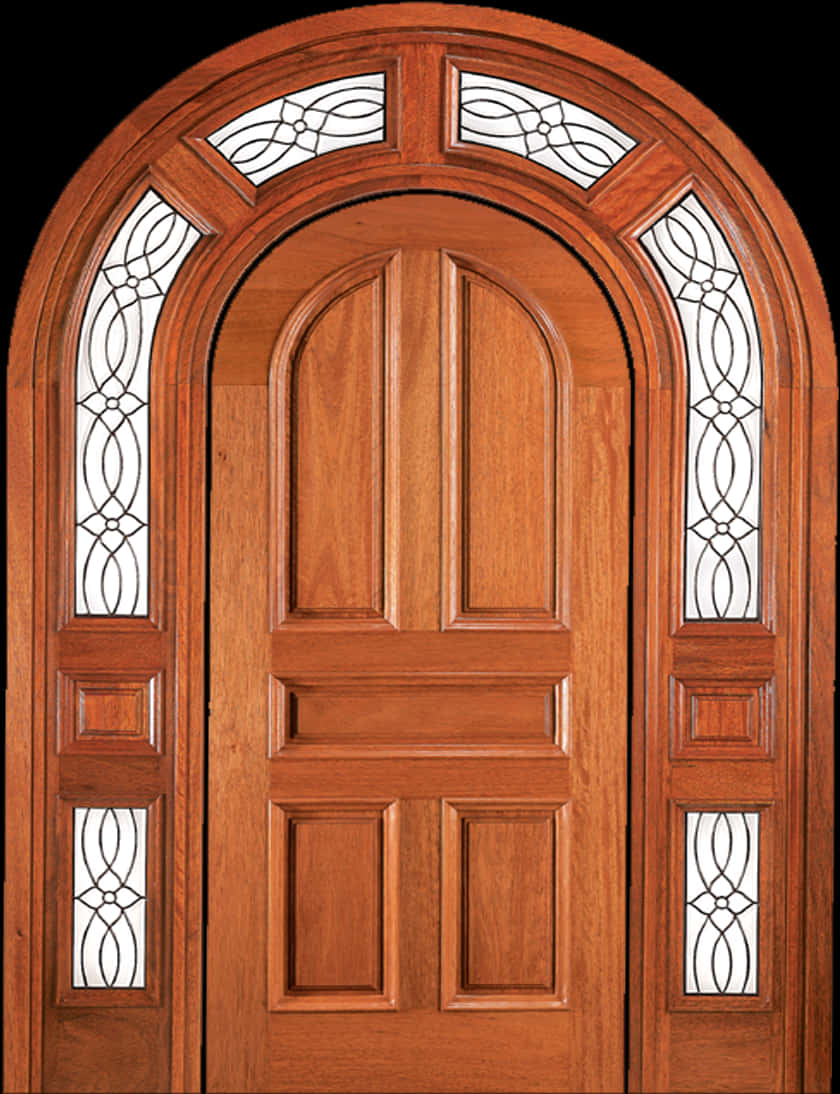 Elegant Wooden Arched Doorwith Glass Panels PNG