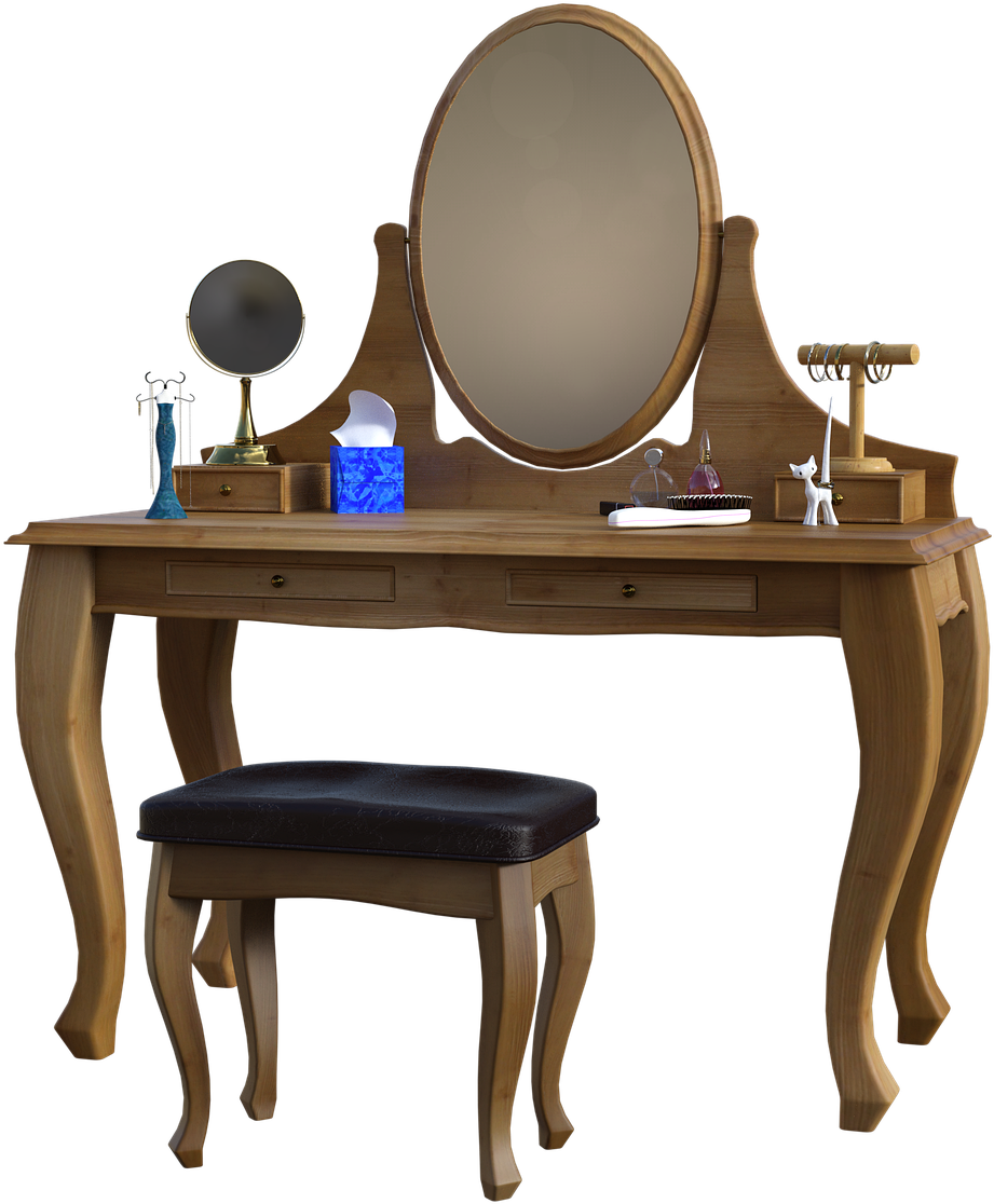 Elegant Wooden Dressing Table With Stool PNG