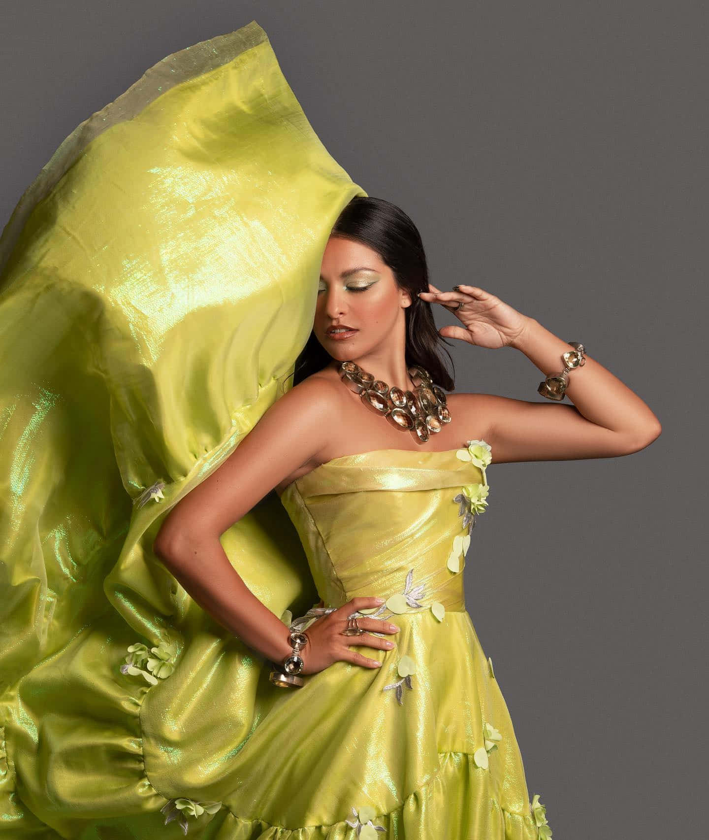 Elegant Yellow Gown Photoshoot Wallpaper