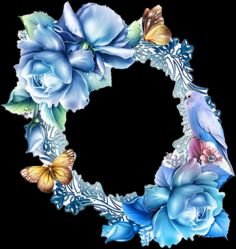 Elegant_ Blue_ Floral_ Border_with_ Bird_and_ Butterflies PNG