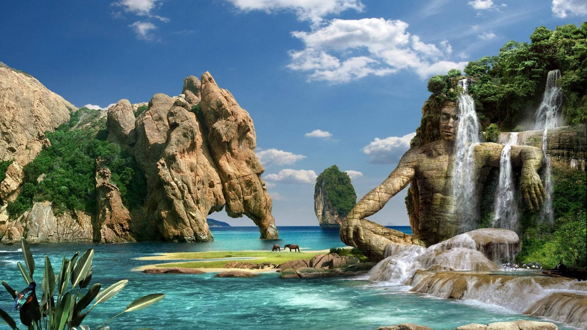 Majestic Elephant Rock and Waterfall in Full HD Wallpaper