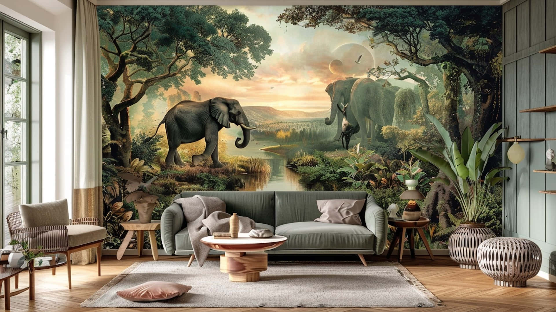 Elephant Safari Mural Living Room Wallpaper
