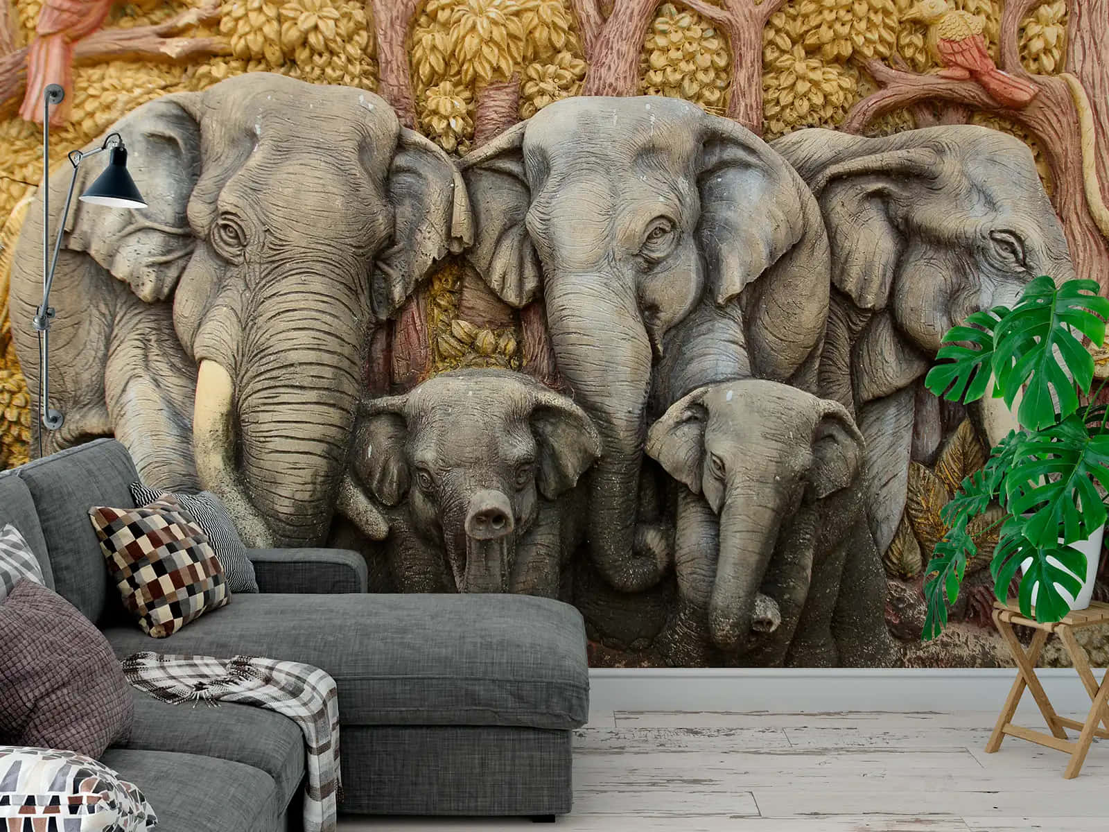 Tapetmed Väggskulptur Av Elefanter