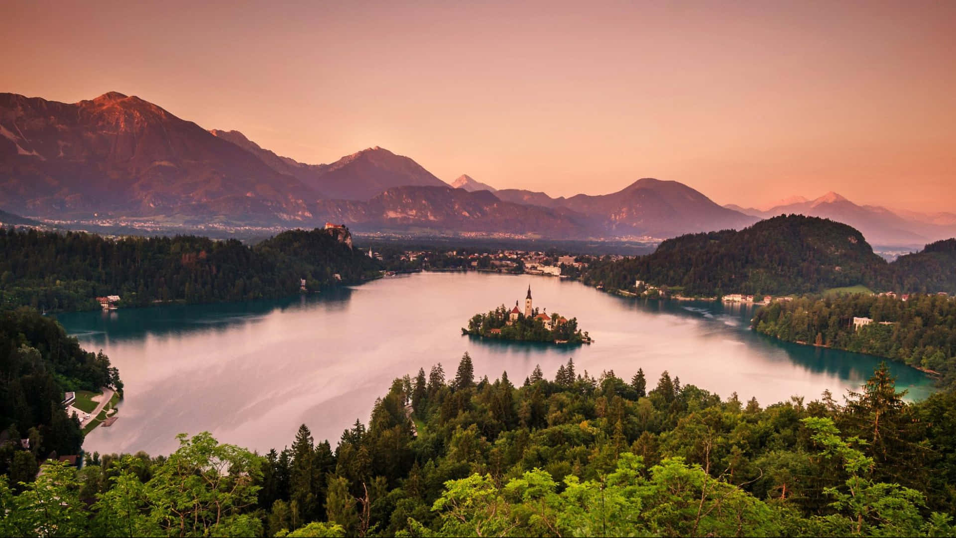 Elevated View Lake Bled At Sunrise Wallpaper