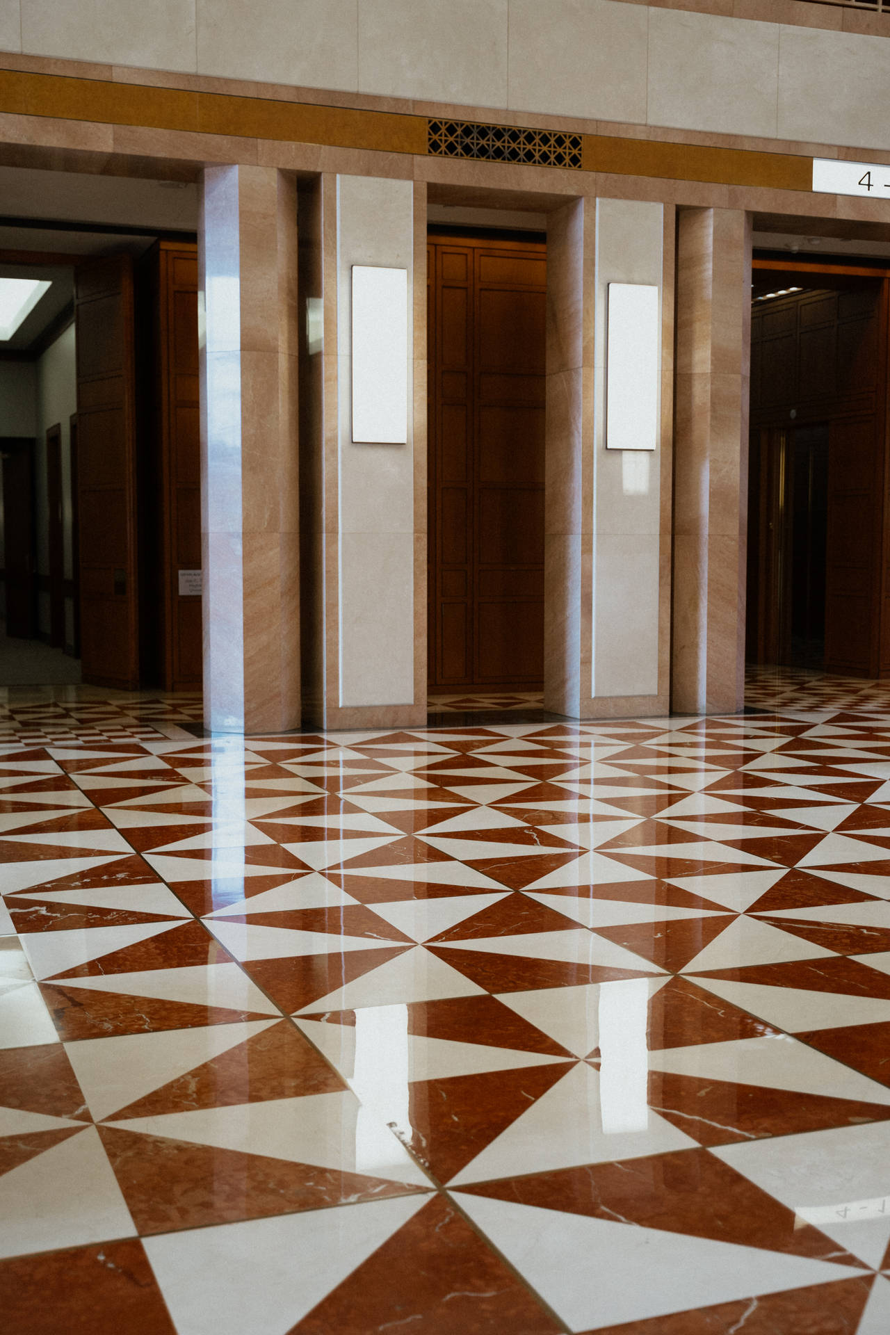 Elevator Corridor With Glossy Floor Tiles Wallpaper